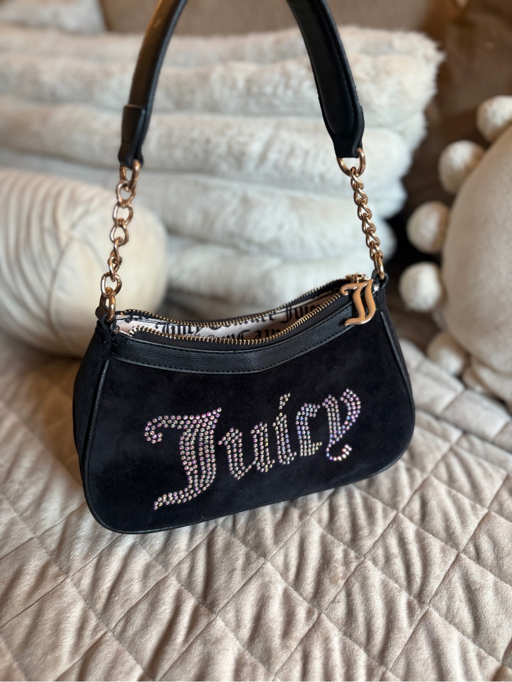 Juicy Couture Black Suede Shoulder Bag with Rhinestone Logo